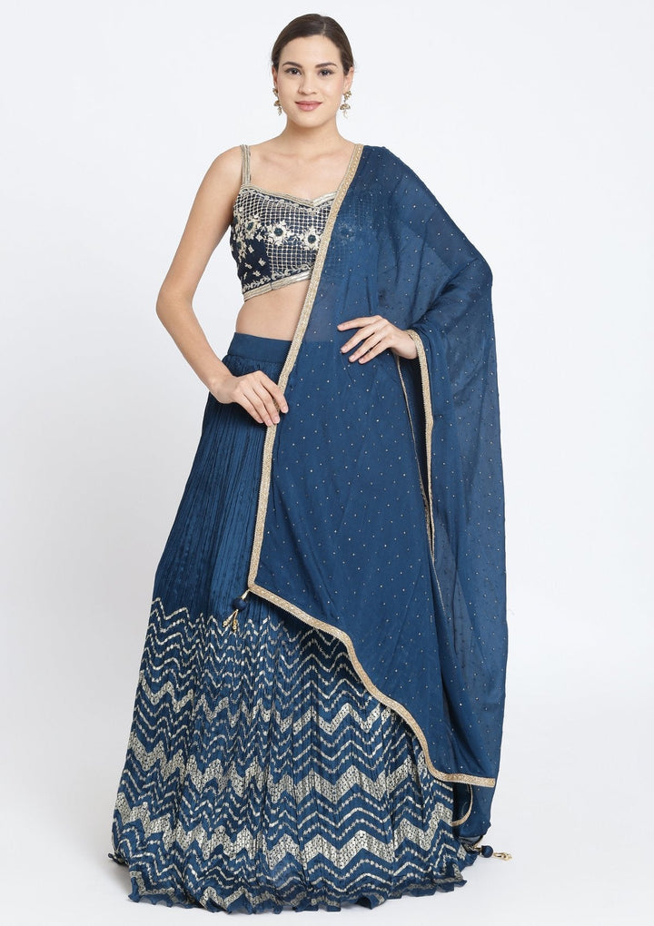 Peacock Blue Zardosi Art Silk Designer Lehenga-Koskii