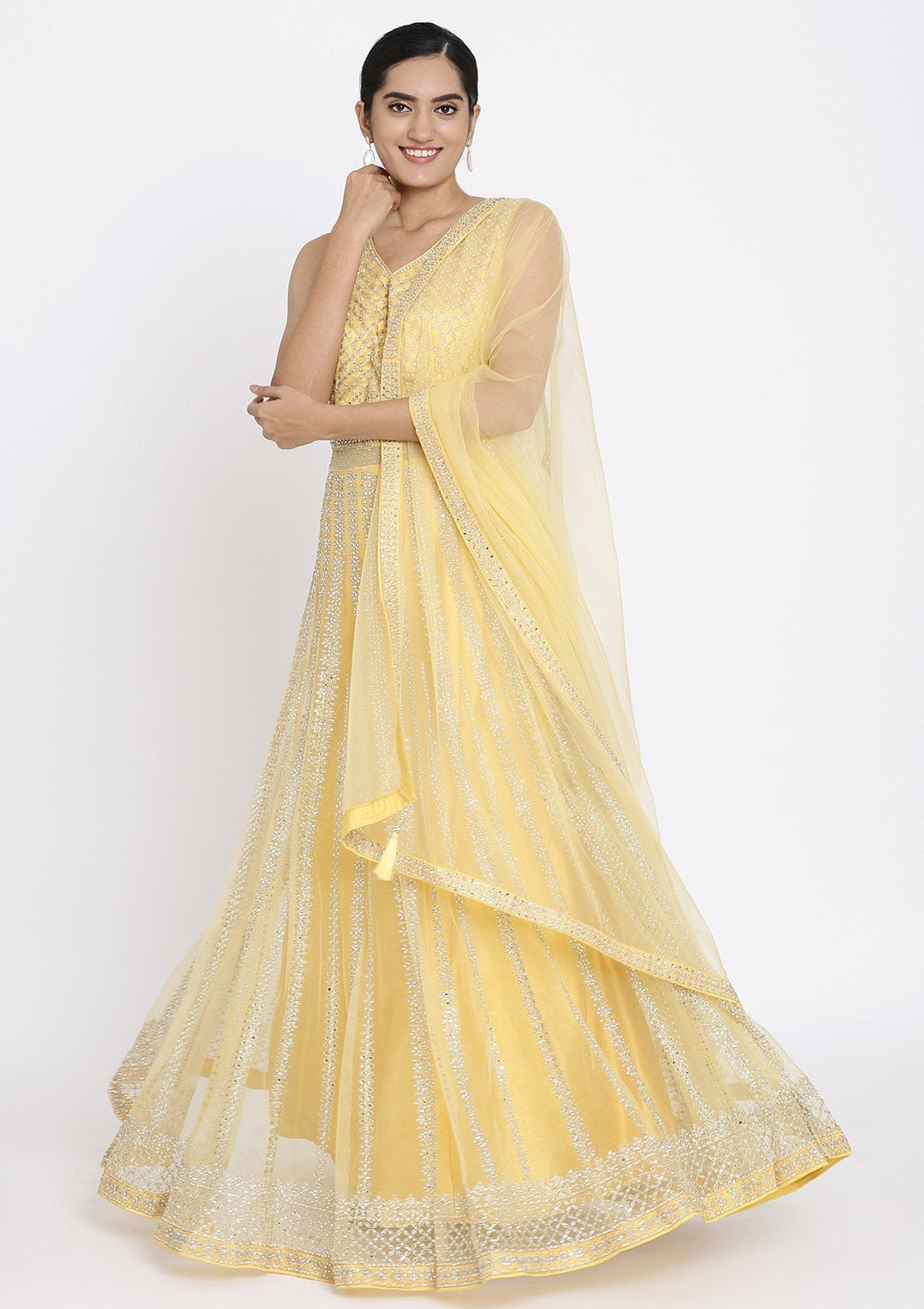 Yellow Silver Stonework Net Designer Gown - koskii