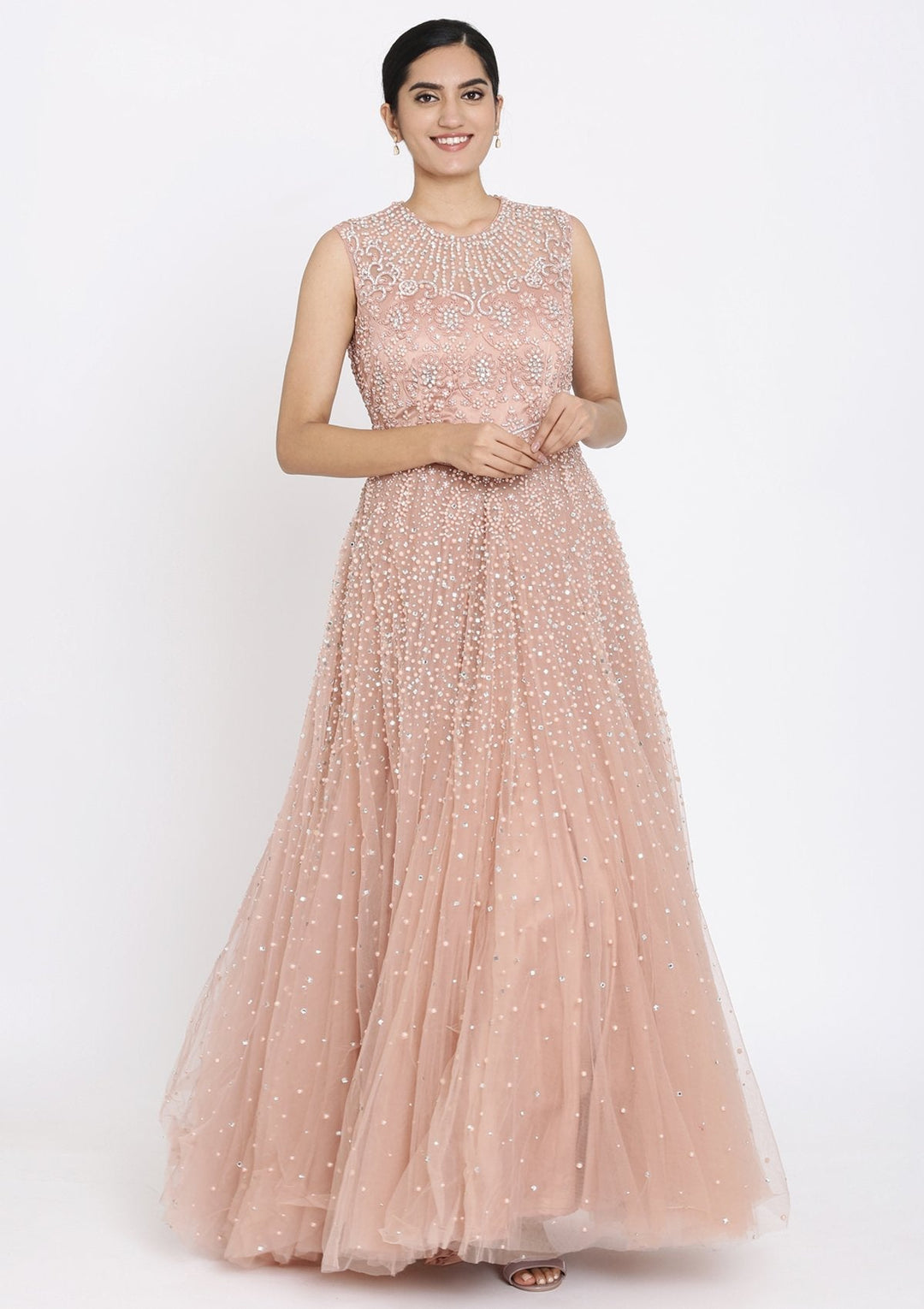 Onion Pink Pearlwork Net Designer Gown - koskii