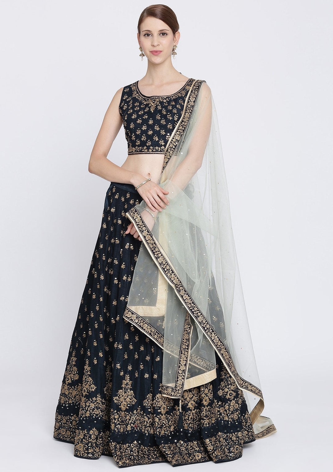 Navy Blue Mirrorwork Net Designer Lehenga-Koskii