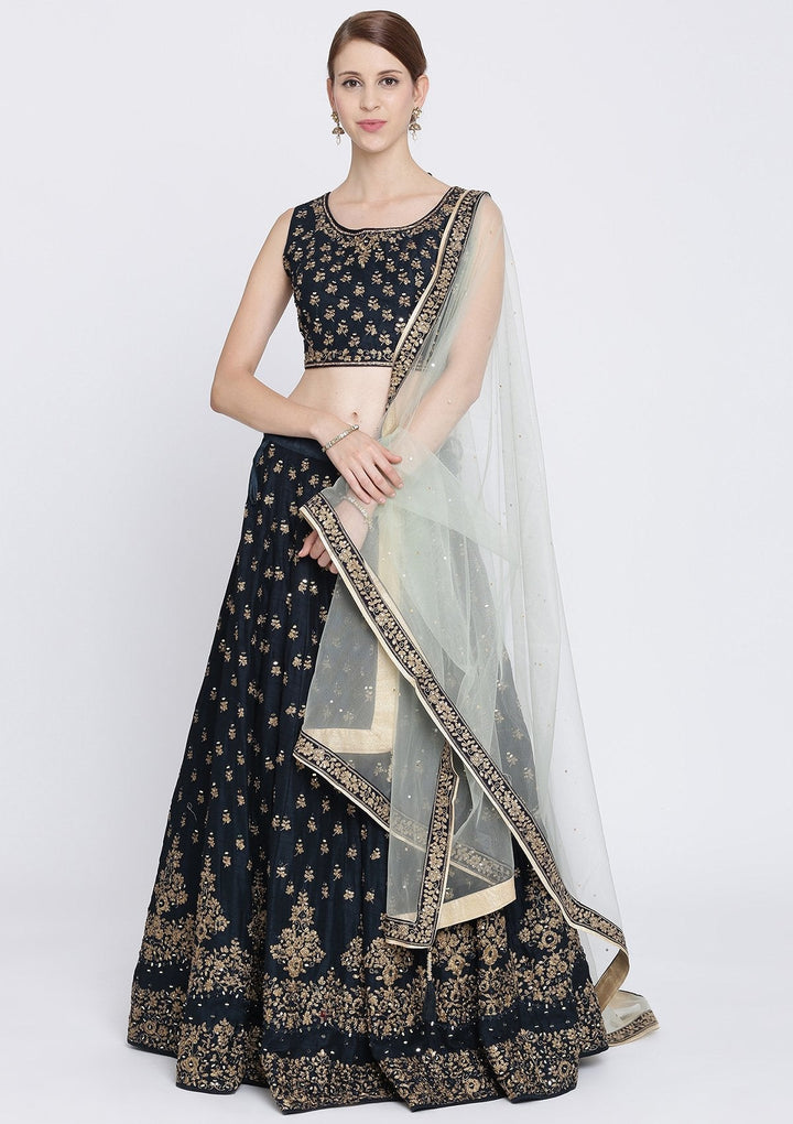 Navy Blue Mirrorwork Net Designer Lehenga-Koskii