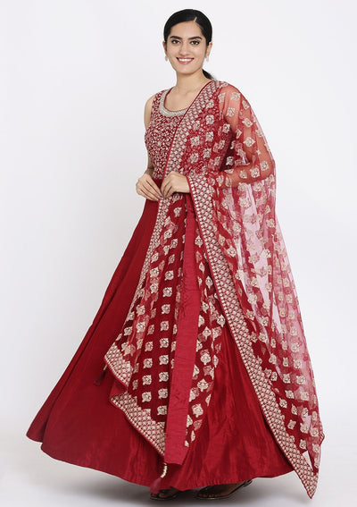 Maroon Zariwork Raw Silk Designer Gown - koskii