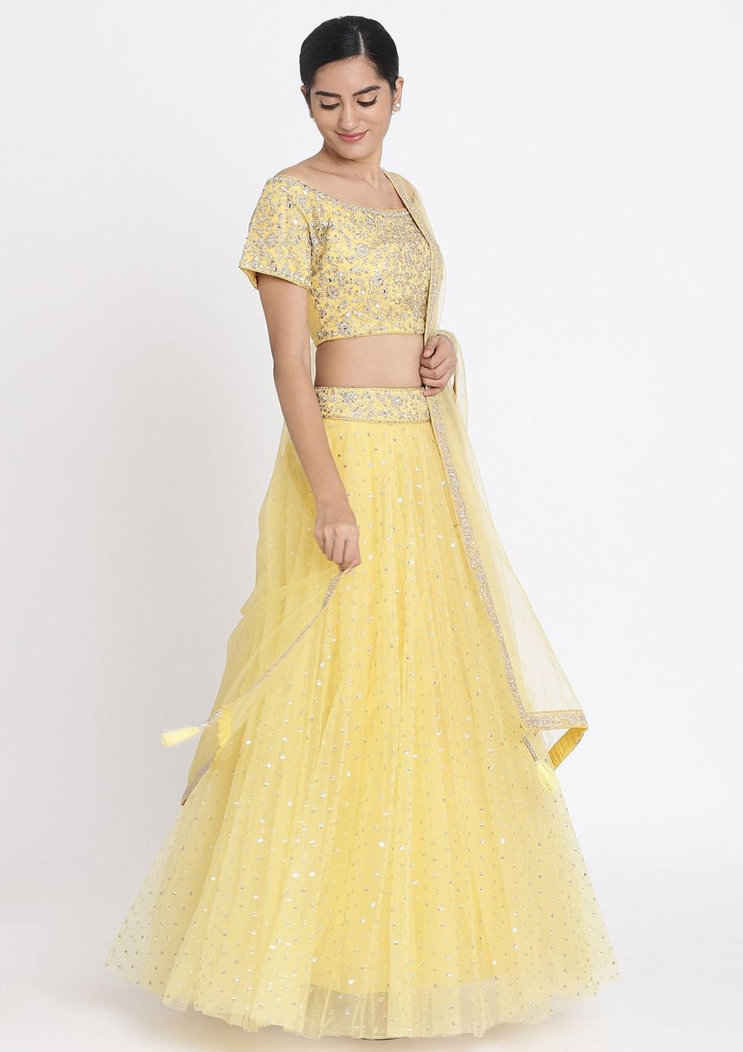 Yellow Zariwork Net Designer Lehenga - koskii