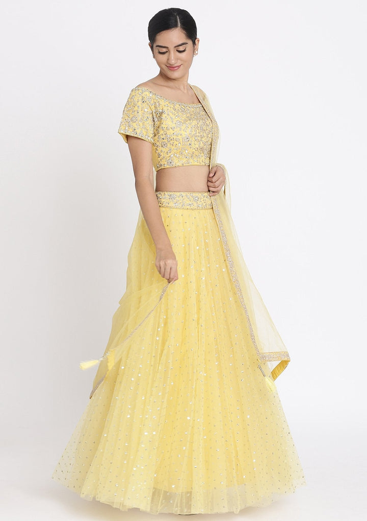 Yellow Zariwork Net Designer Lehenga - koskii