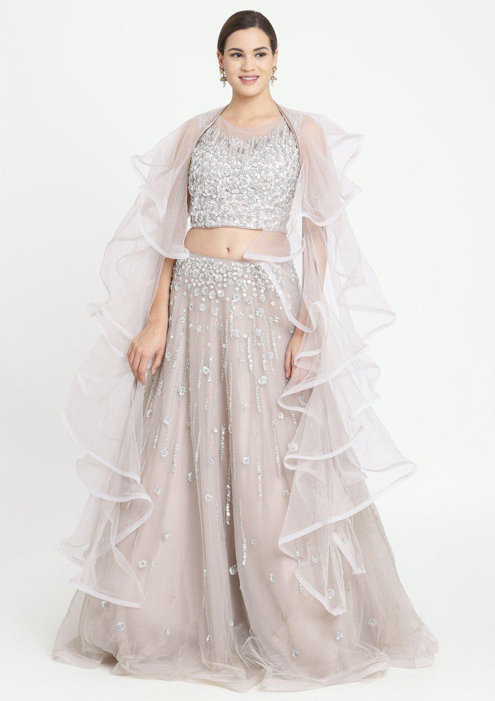 Light Grey Sequins Net Designer Lehenga-Koskii