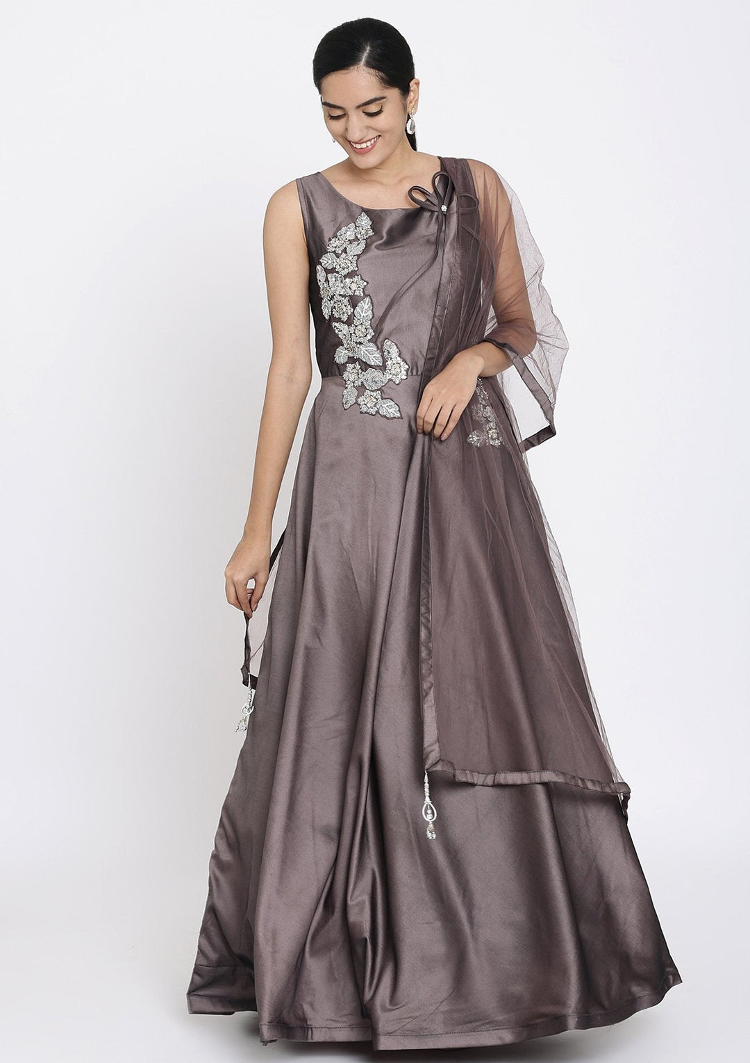 Lavender Sequins Taffeta Silk Designer Gown - koskii