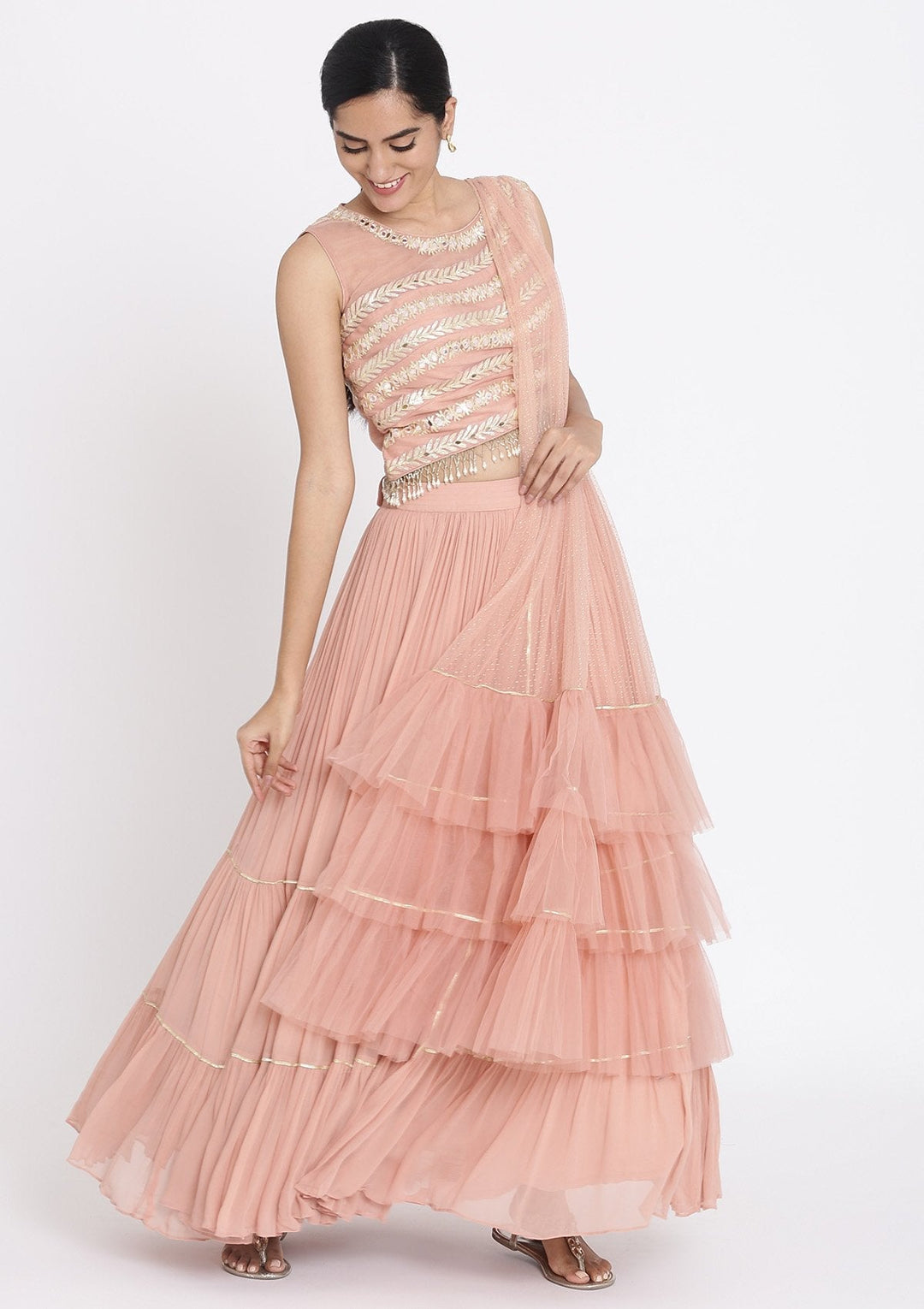 Mauve Mirrorwork Net Designer Lehenga - koskii