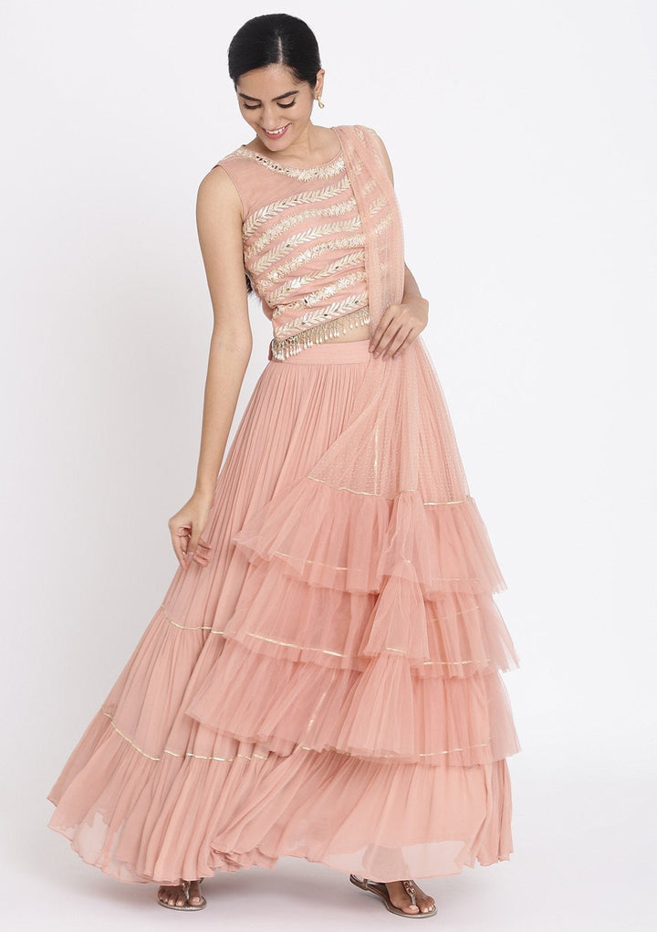 Mauve Mirrorwork Net Designer Lehenga - koskii
