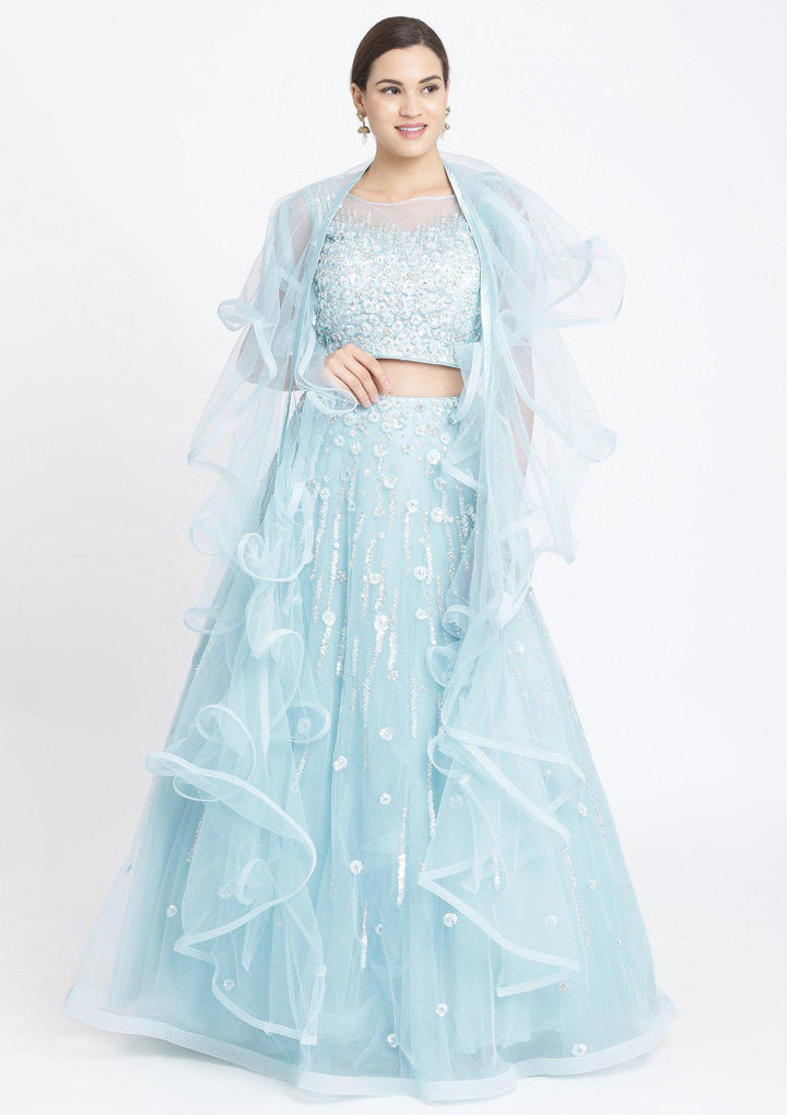 Sky Blue Sequins Net Designer Lehenga-Koskii