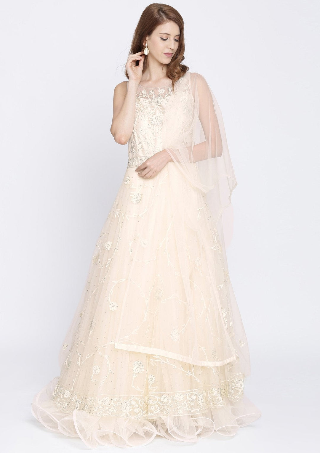 Cream Stonework Net Designer Gown-Koskii