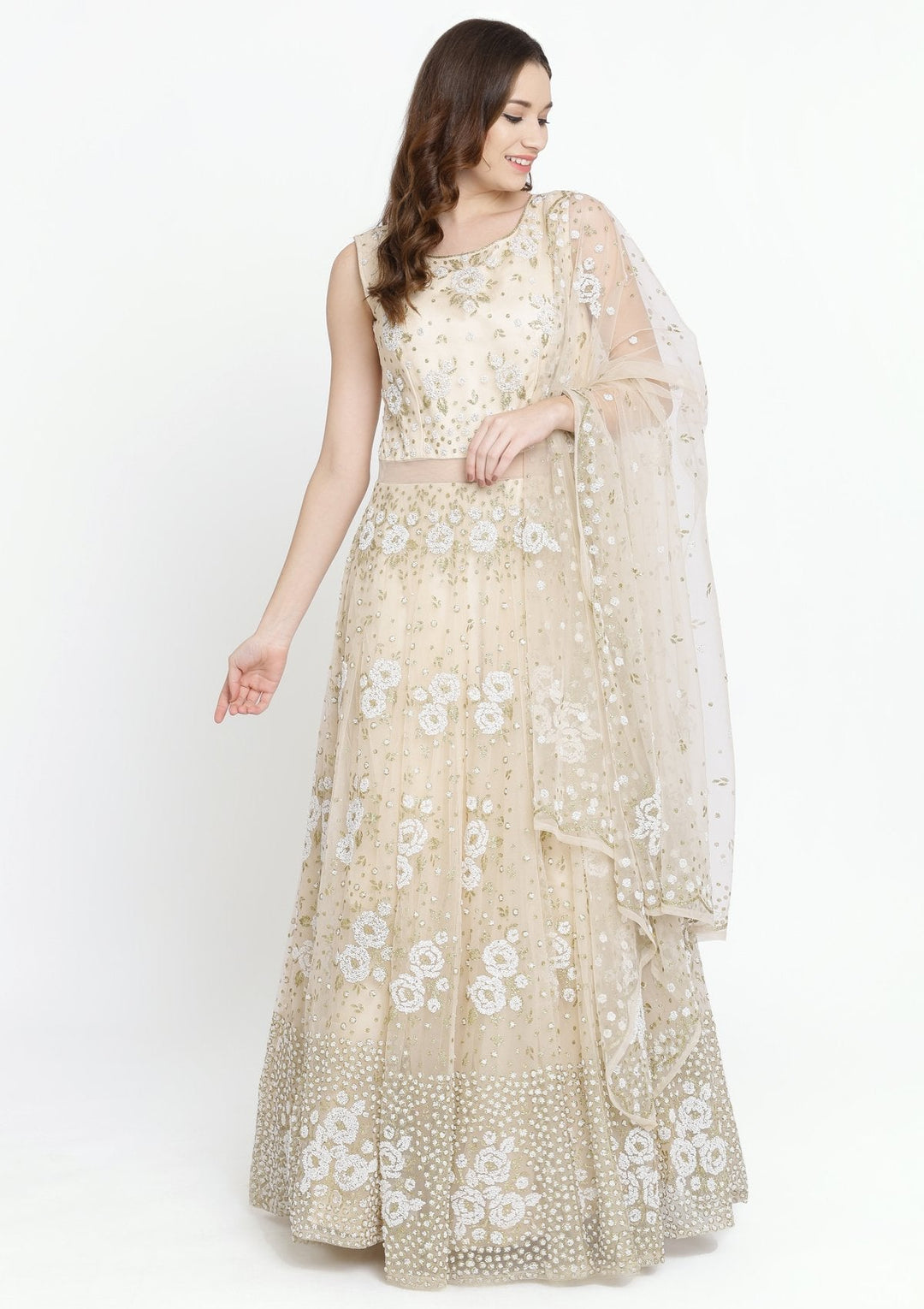 Beige Cutdana Net Designer Gown-Koskii