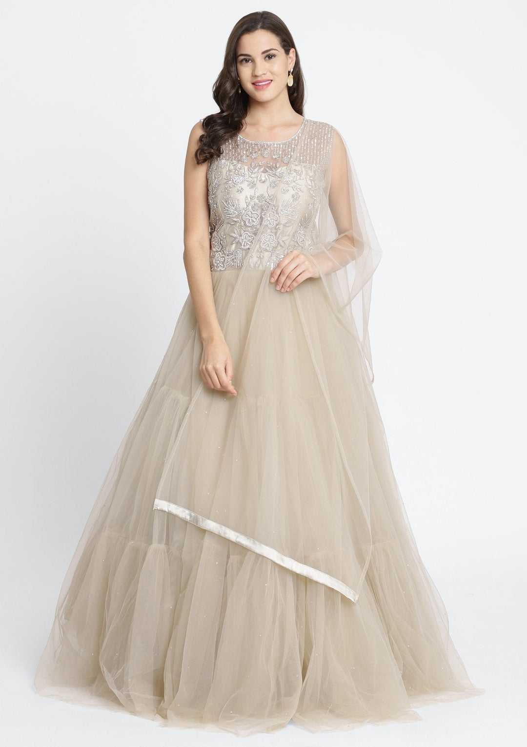 Light Brown Silver Stonework Net Designer Gown-Koskii