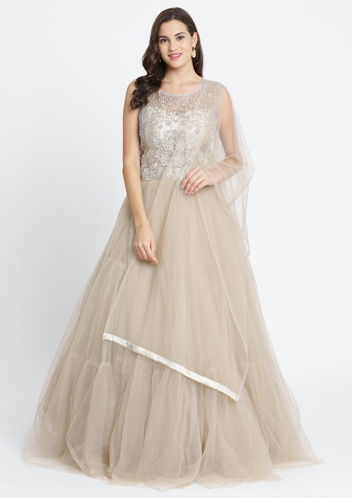 Light Brown Silver Stonework Net Designer Gown-Koskii