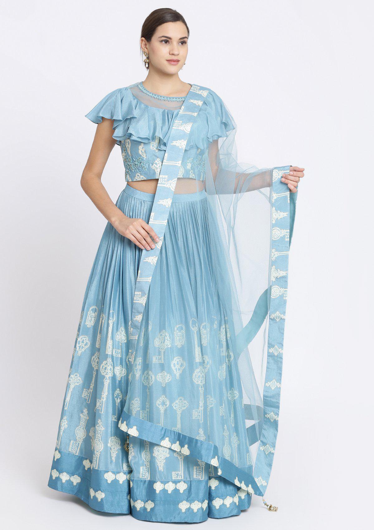 Baby Blue Print Satin Designer Lehenga-Koskii