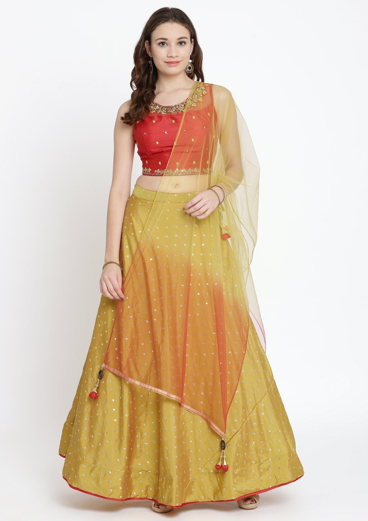 Mustard Mirrorwork Raw Silk Designer Lehenga-Koskii