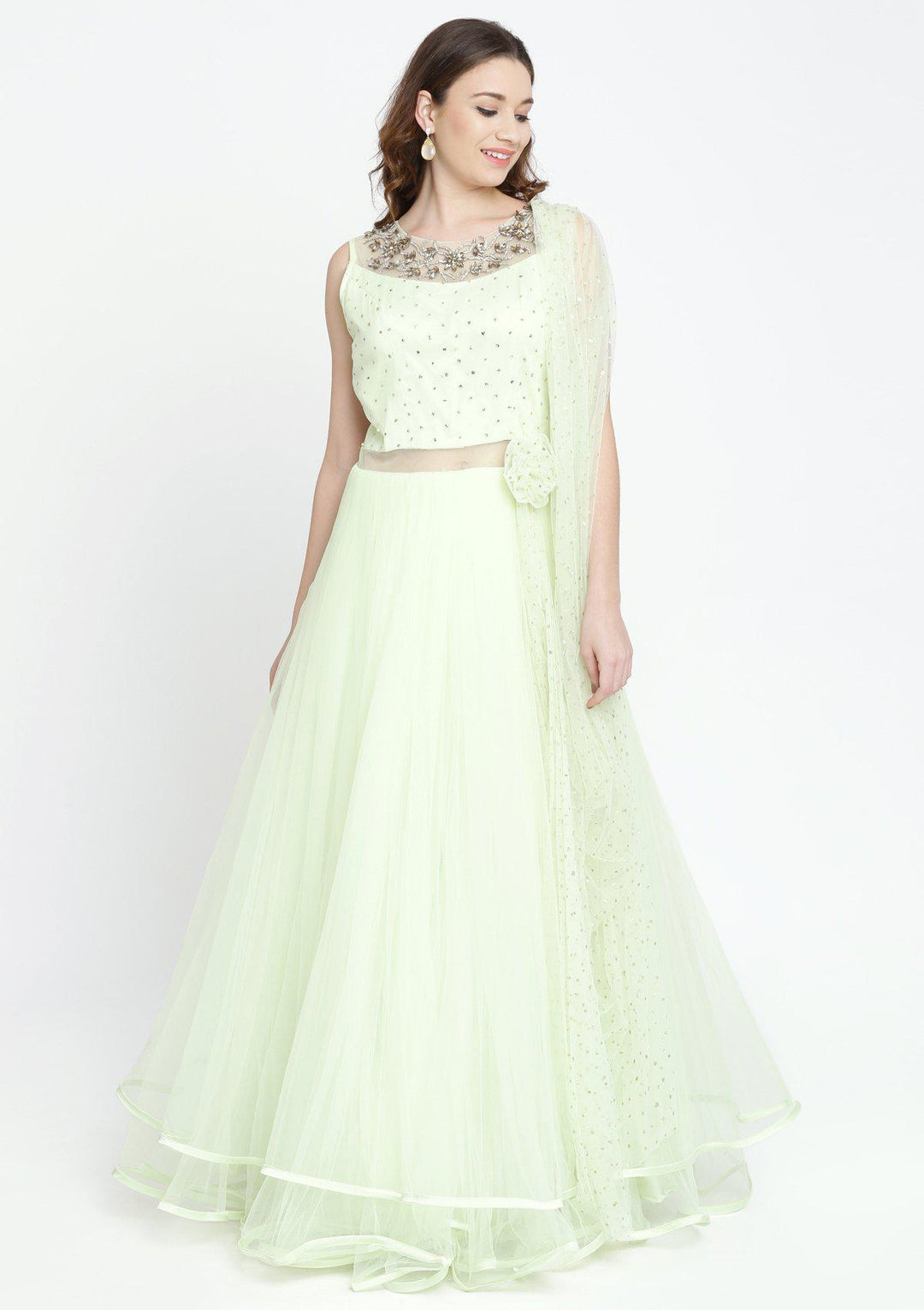 Pista Green Stonework Net Designer Gown-Koskii