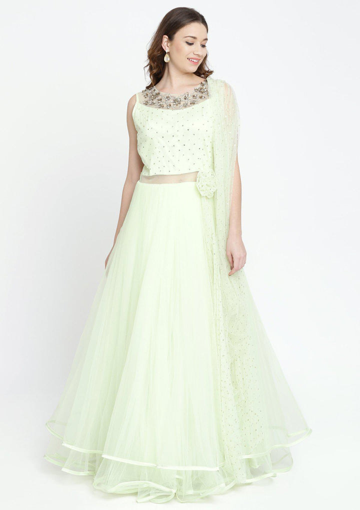 Pista Green Stonework Net Designer Gown-Koskii