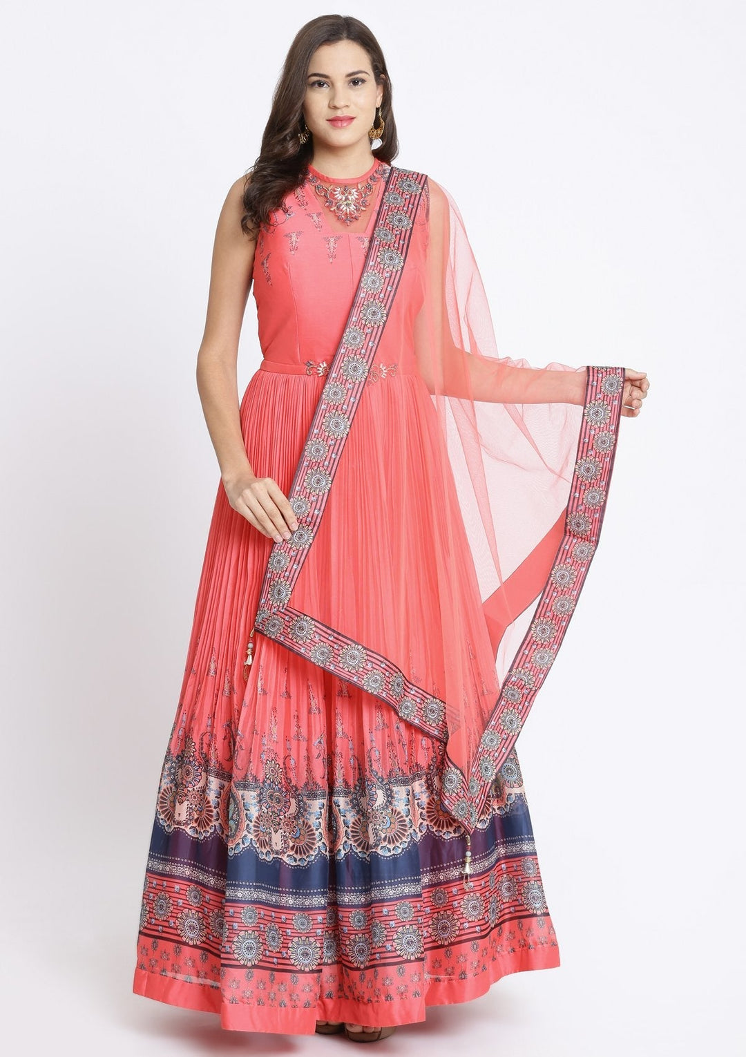 Coral Printed Georgette Designer Gown-Koskii
