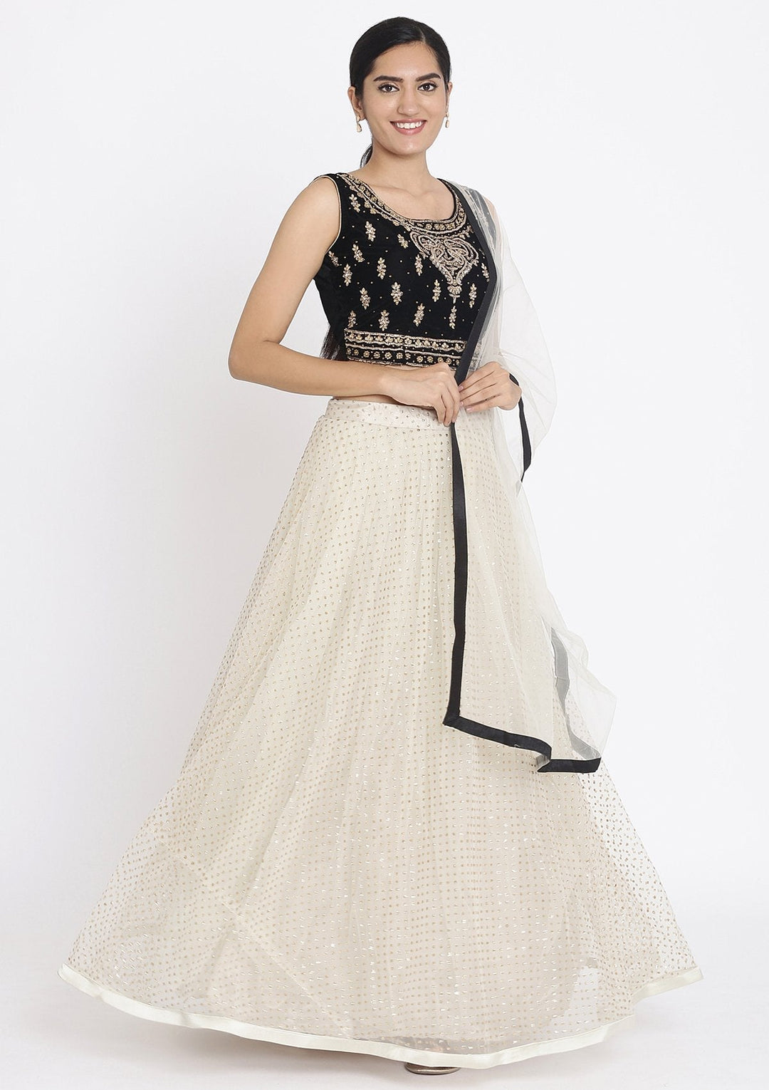 Cream And Black Stonework Net Designer Lehenga - koskii