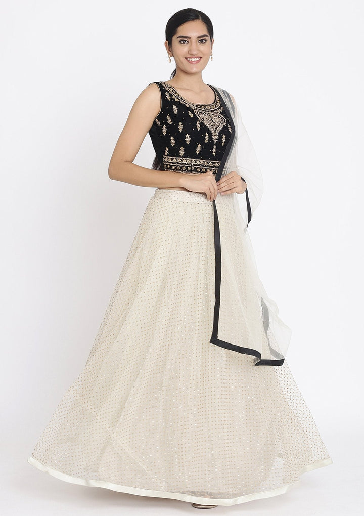 Cream And Black Stonework Net Designer Lehenga - koskii