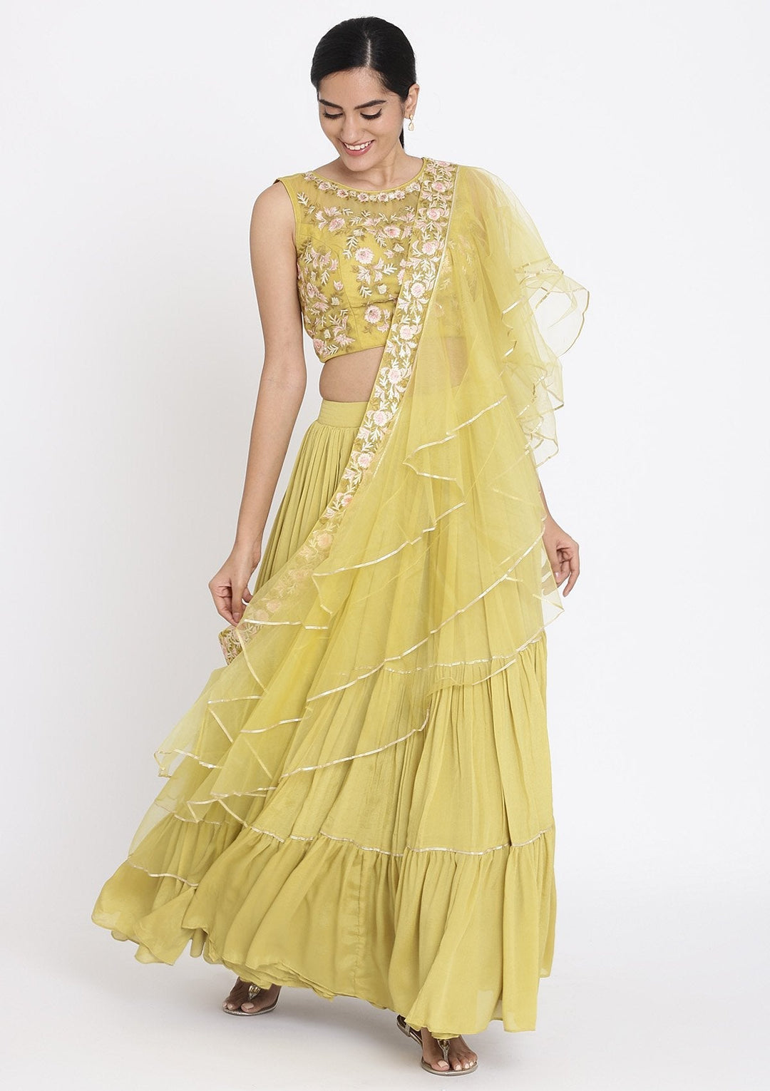 Mehendi Threadwork Georgette Designer Lehenga - koskii