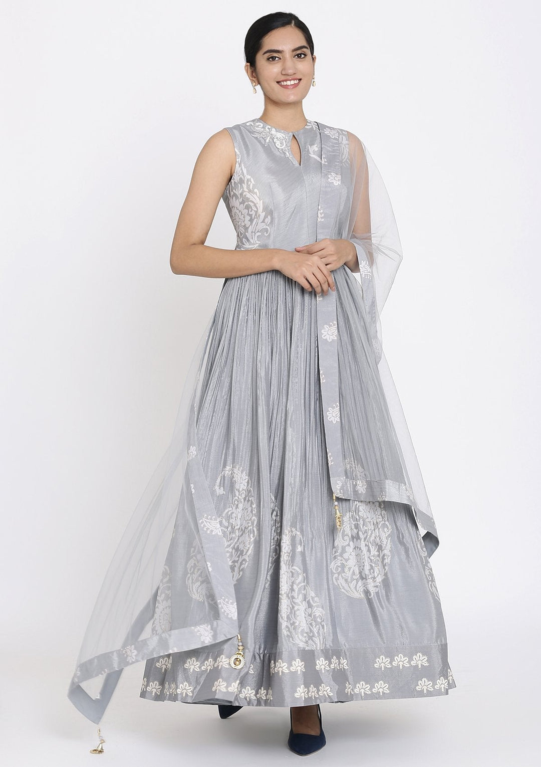 Light Grey Cutdana Satin Designer Gown - koskii