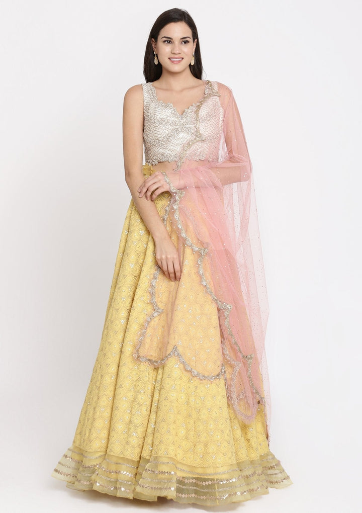 Yellow Chikankari Georgette Designer Lehenga-Koskii