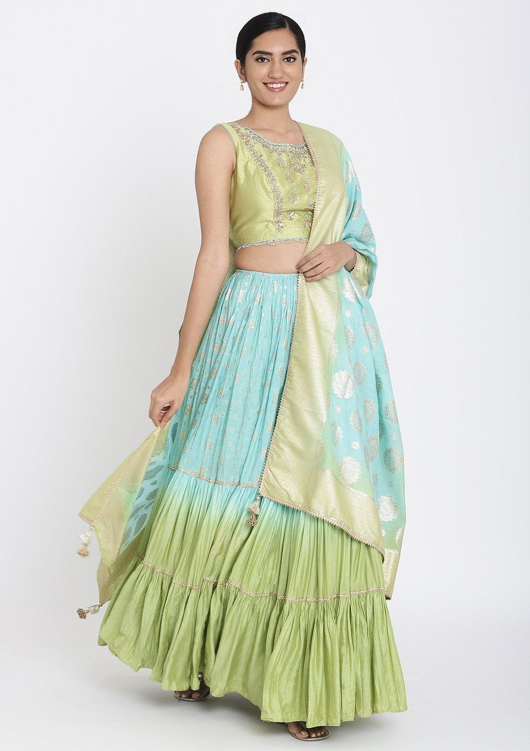 Sea Green And Pista Green Gotapatti Art Silk Designer Lehenga - koskii