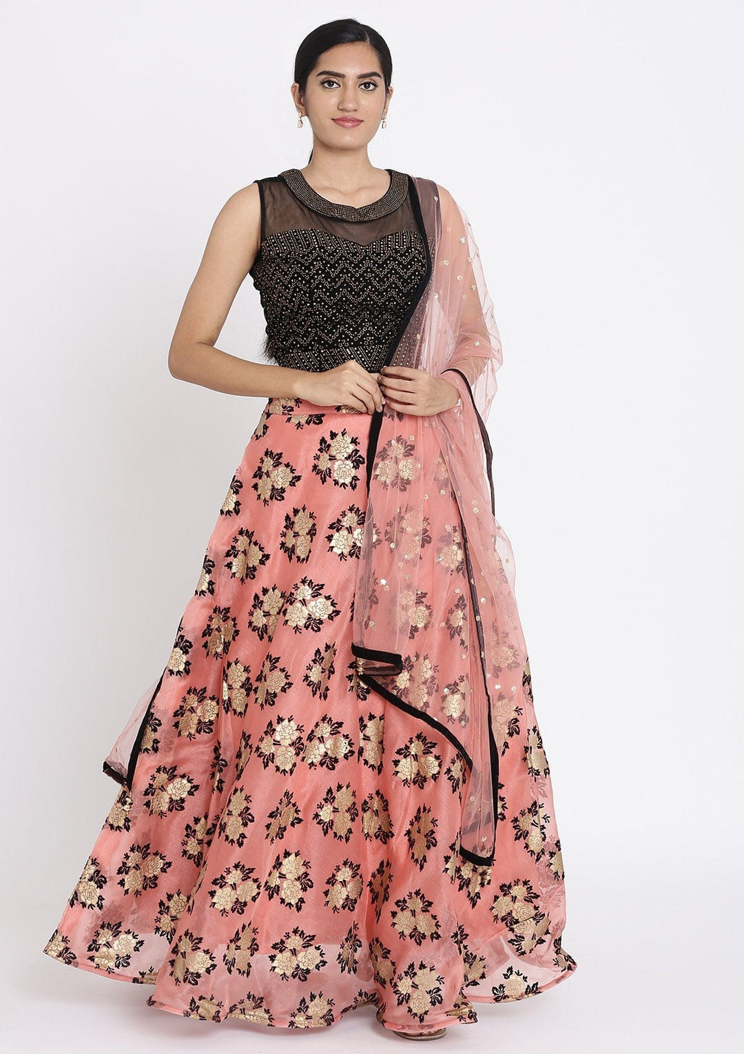 Pink And Black Swarovski Tissue Designer Lehenga - koskii