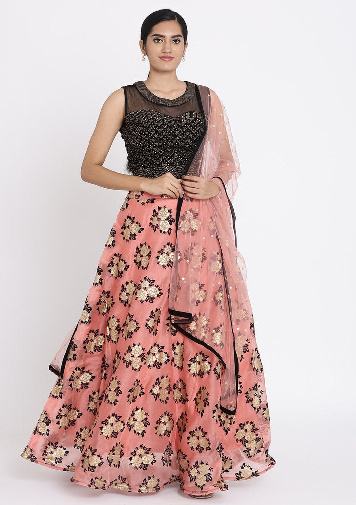 Pink And Black Swarovski Tissue Designer Lehenga - koskii