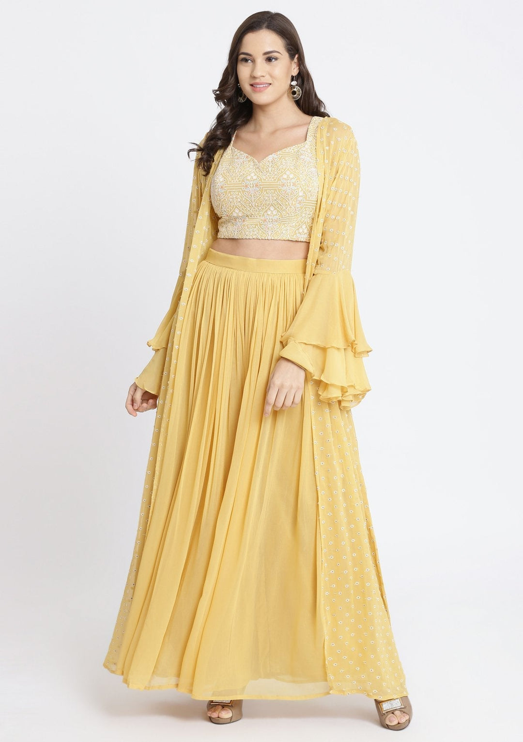 Yellow Threadwork Georgette Designer Crop Top Set-Koskii