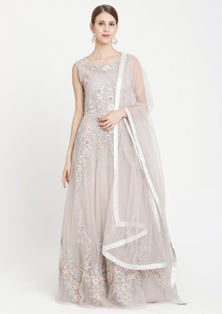 Light Grey Zariwork Net Designer Gown-Koskii