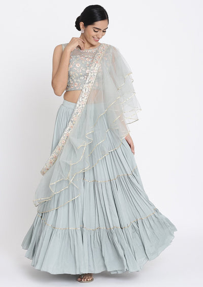 Light Grey Threadwork Georgette Designer Lehenga - koskii