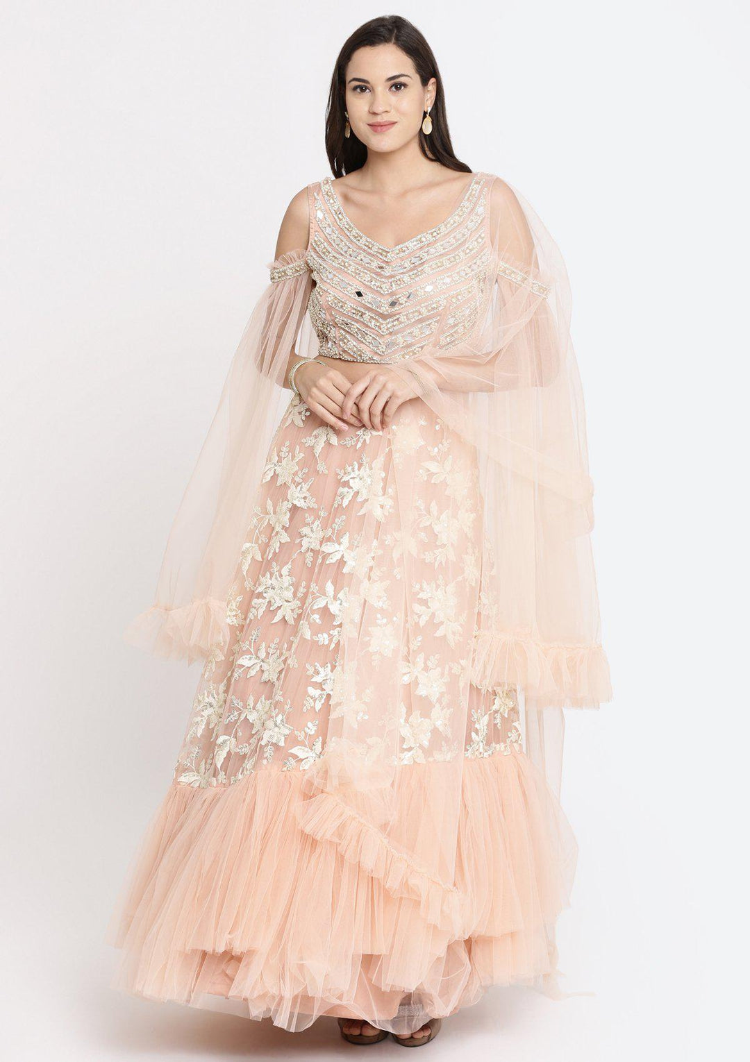 Peach Pearlwork Net Designer Lehenga-Koskii