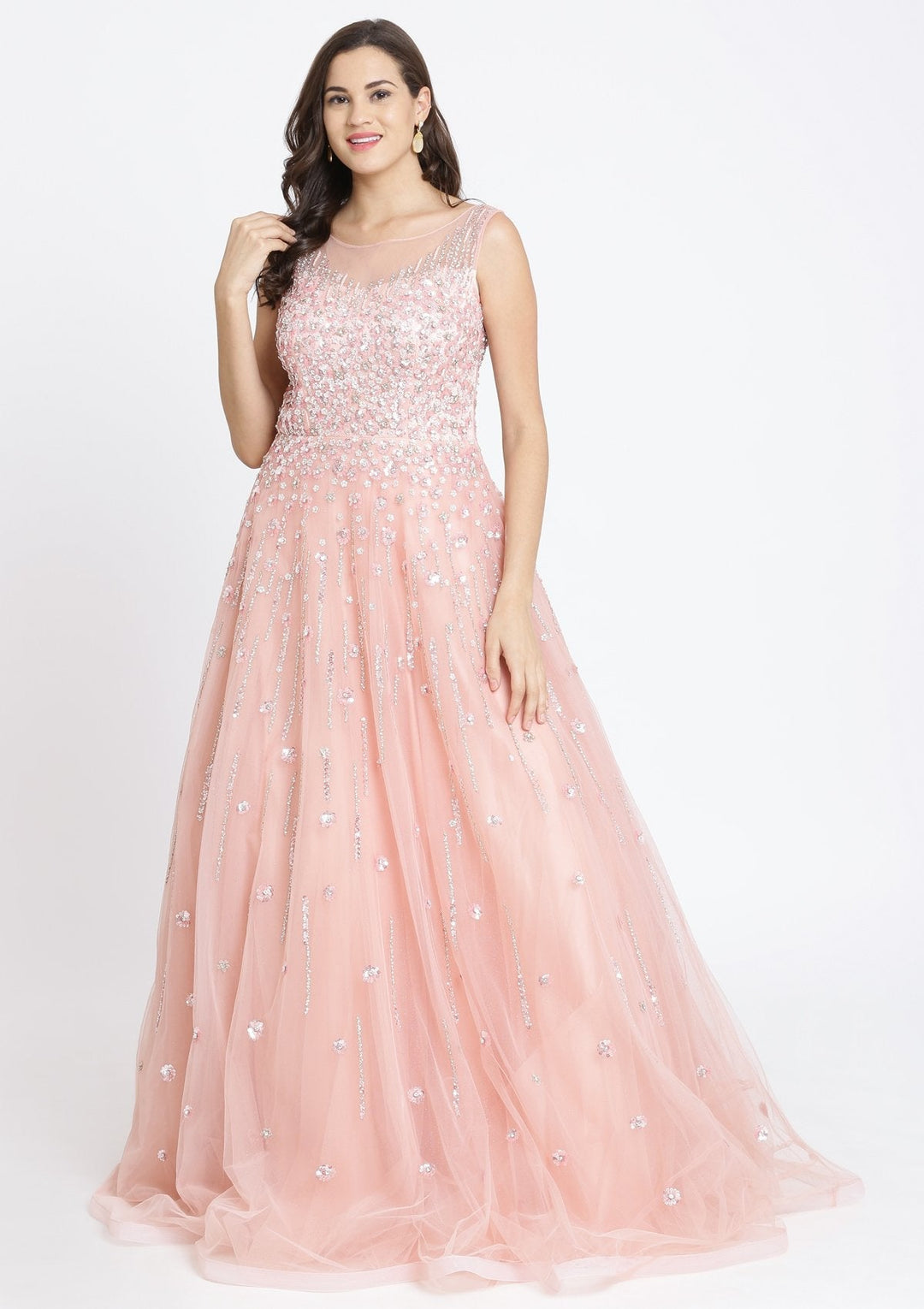 Peach Sequinned Net Designer Gown-Koskii