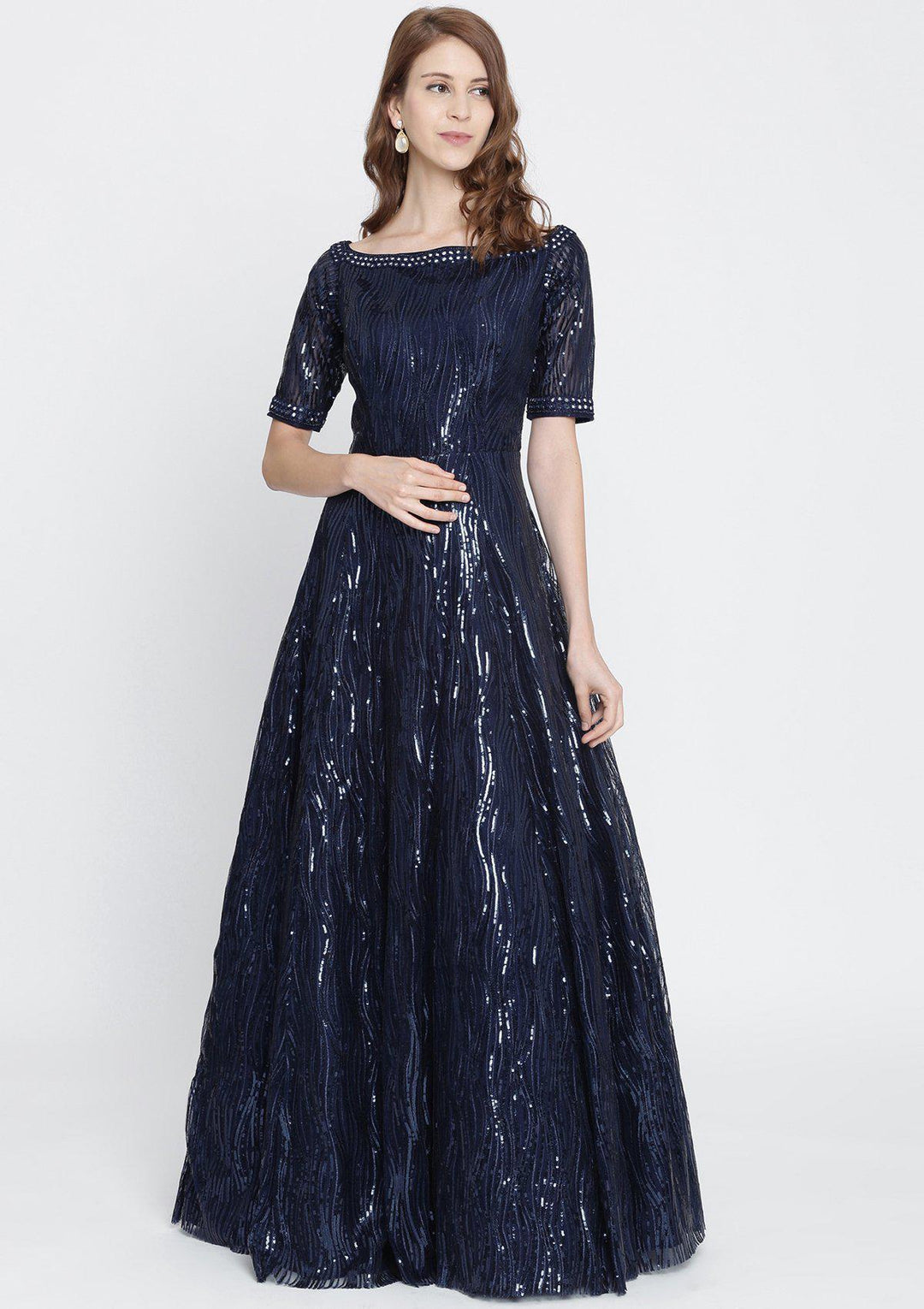 Navy Blue Sequins Net Designer Gown-Koskii
