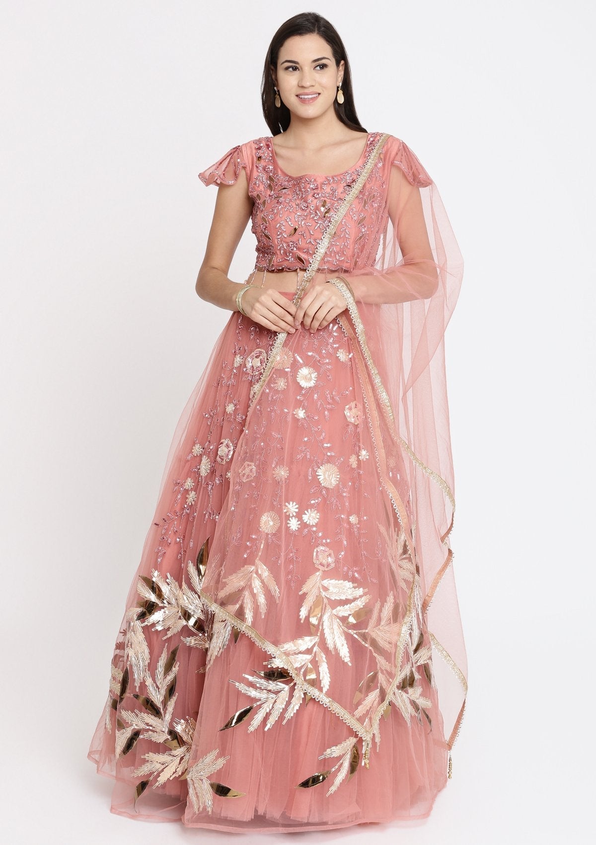 Onion Pink Cutdana Net Designer Lehenga-Koskii