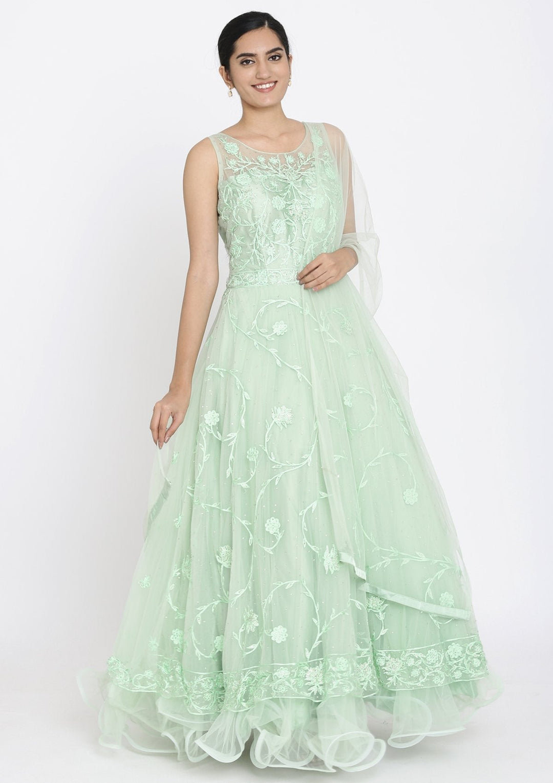 Pista Green Stonework Net Designer Gown - koskii