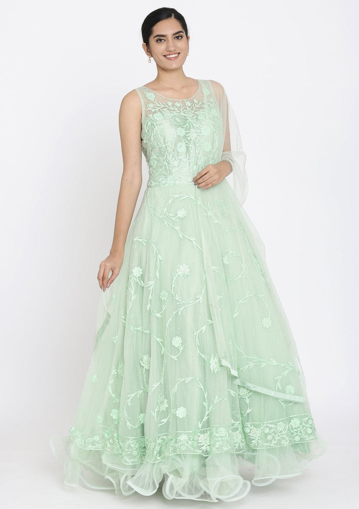 Pista Green Stonework Net Designer Gown - koskii