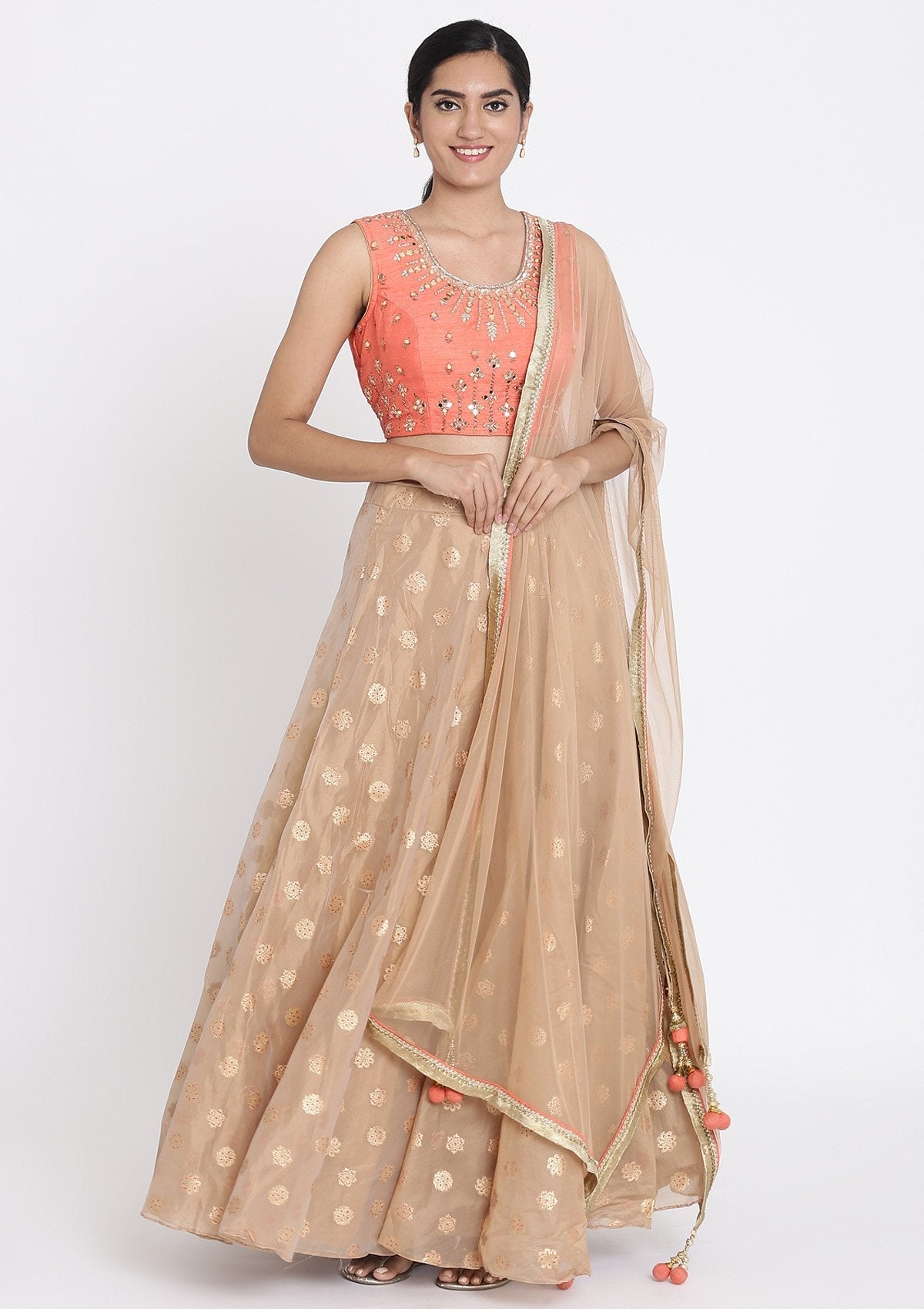 Light Brown And Peach Mirrorwork Tissue Designer Lehenga - koskii