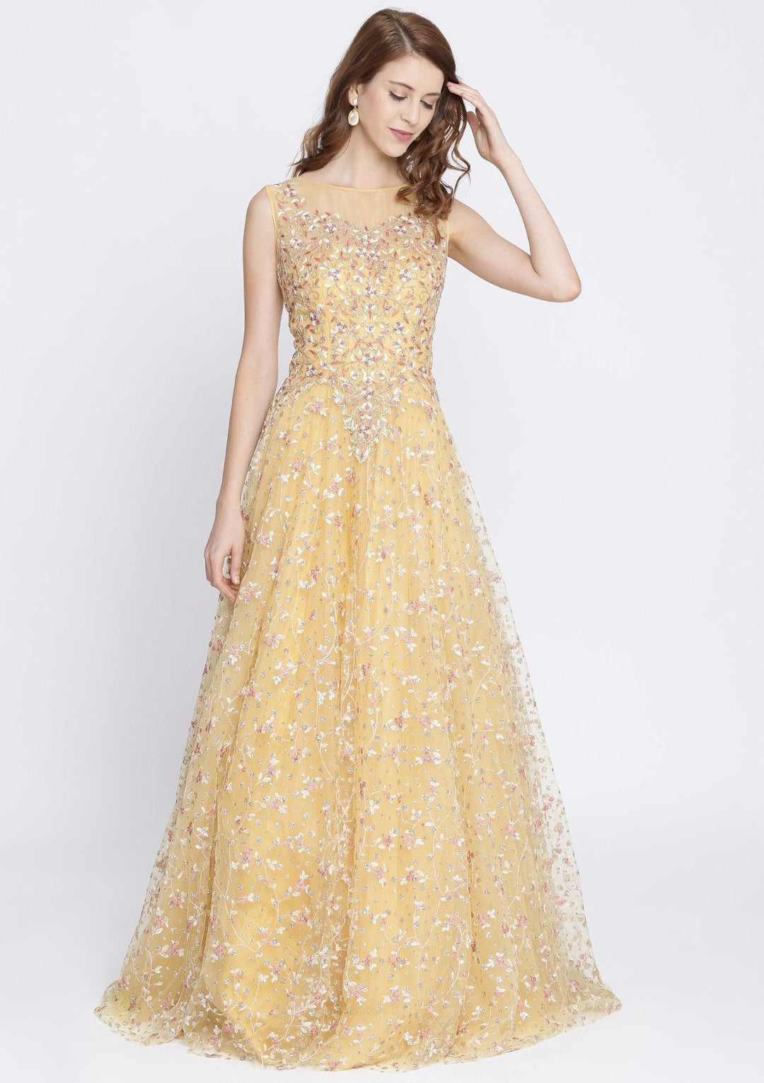 Yellow Zariwork Net Designer Gown-Koskii