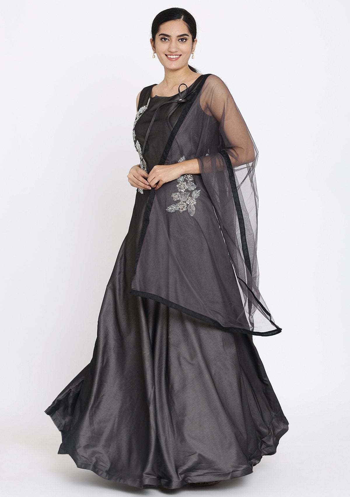 Dark Grey Sequins Taffeta Silk Designer Gown - koskii