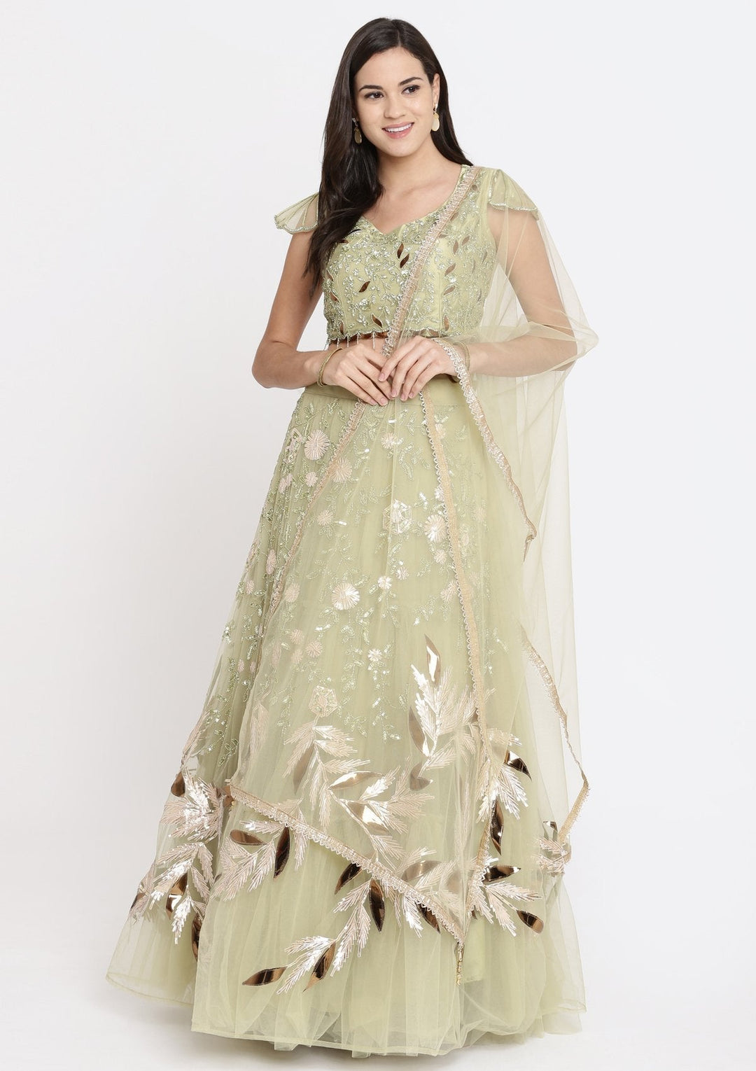 Pista Green Cutdana Net Designer Lehenga-Koskii