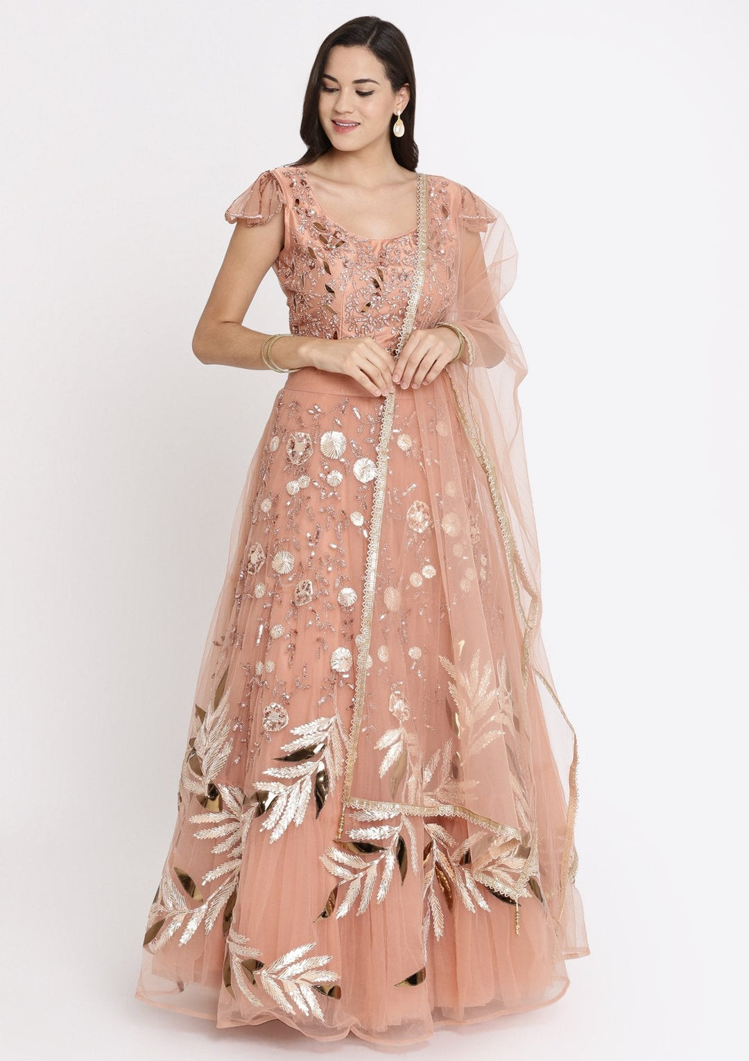 Rust Cutdana Net Designer Lehenga-Koskii