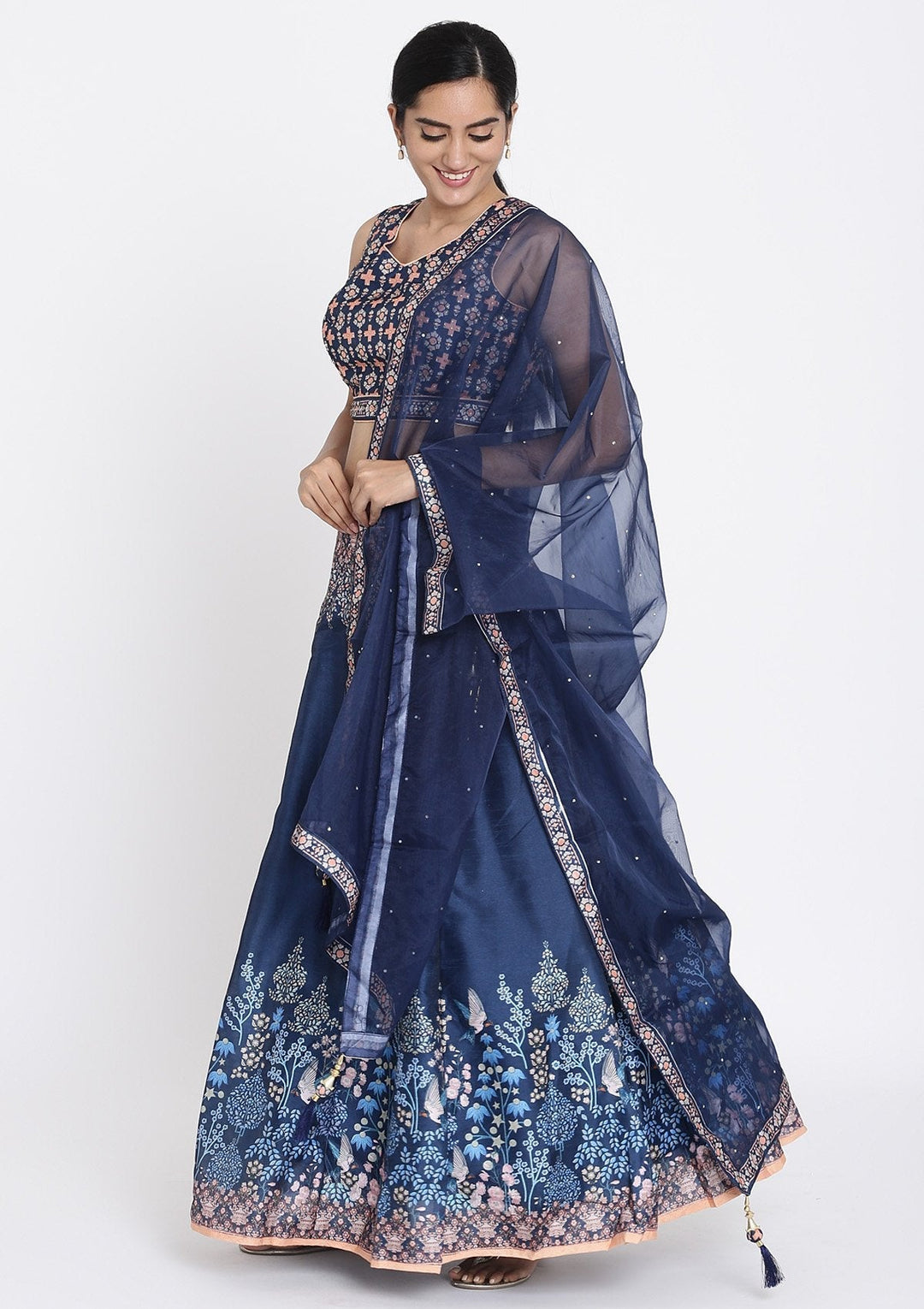 Navy Blue Printed Raw Silk Designer Lehenga - koskii