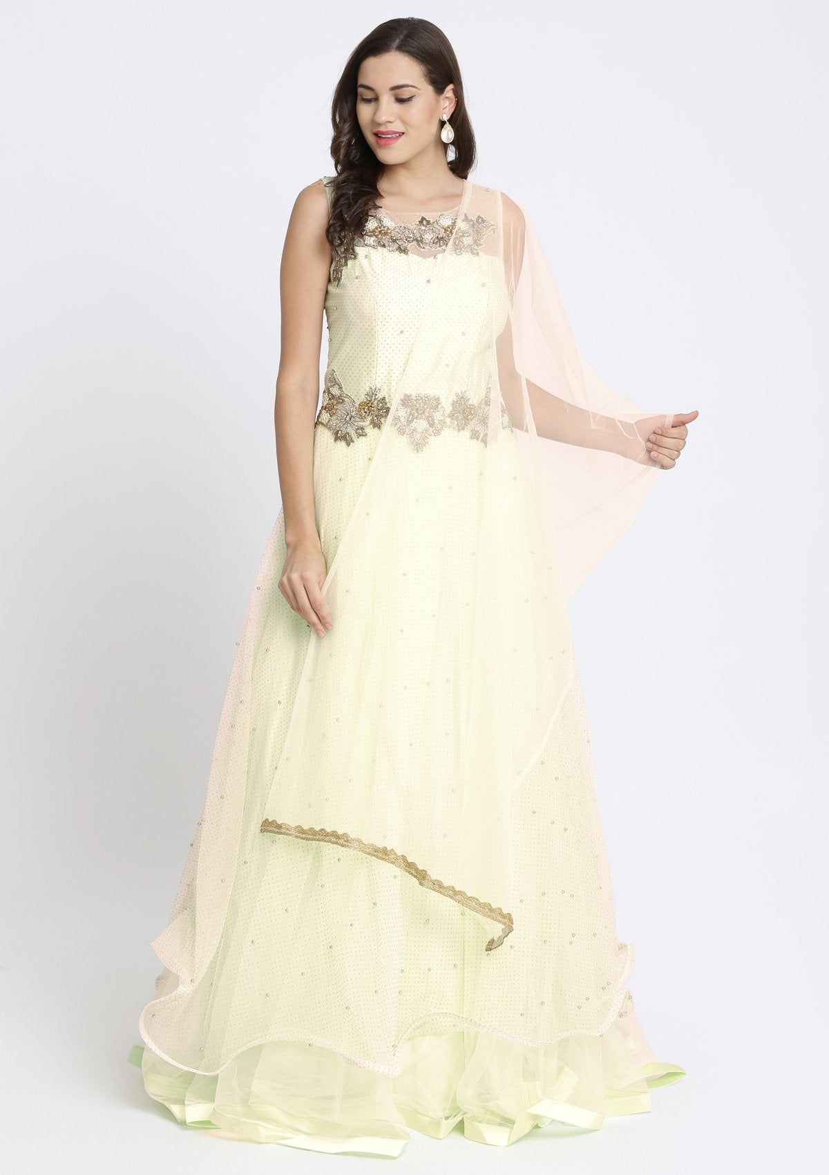 Pista Green Cutdana Net Designer Gown-Koskii