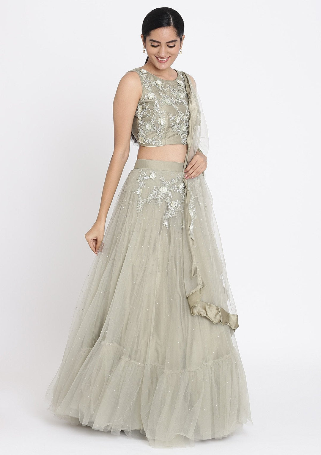 Pista Green Cutdana Net Designer Lehenga - koskii
