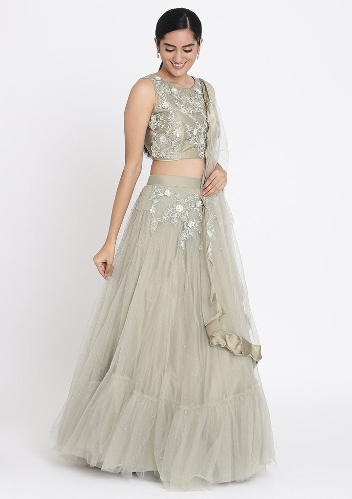 Pista Green Cutdana Net Designer Lehenga - koskii