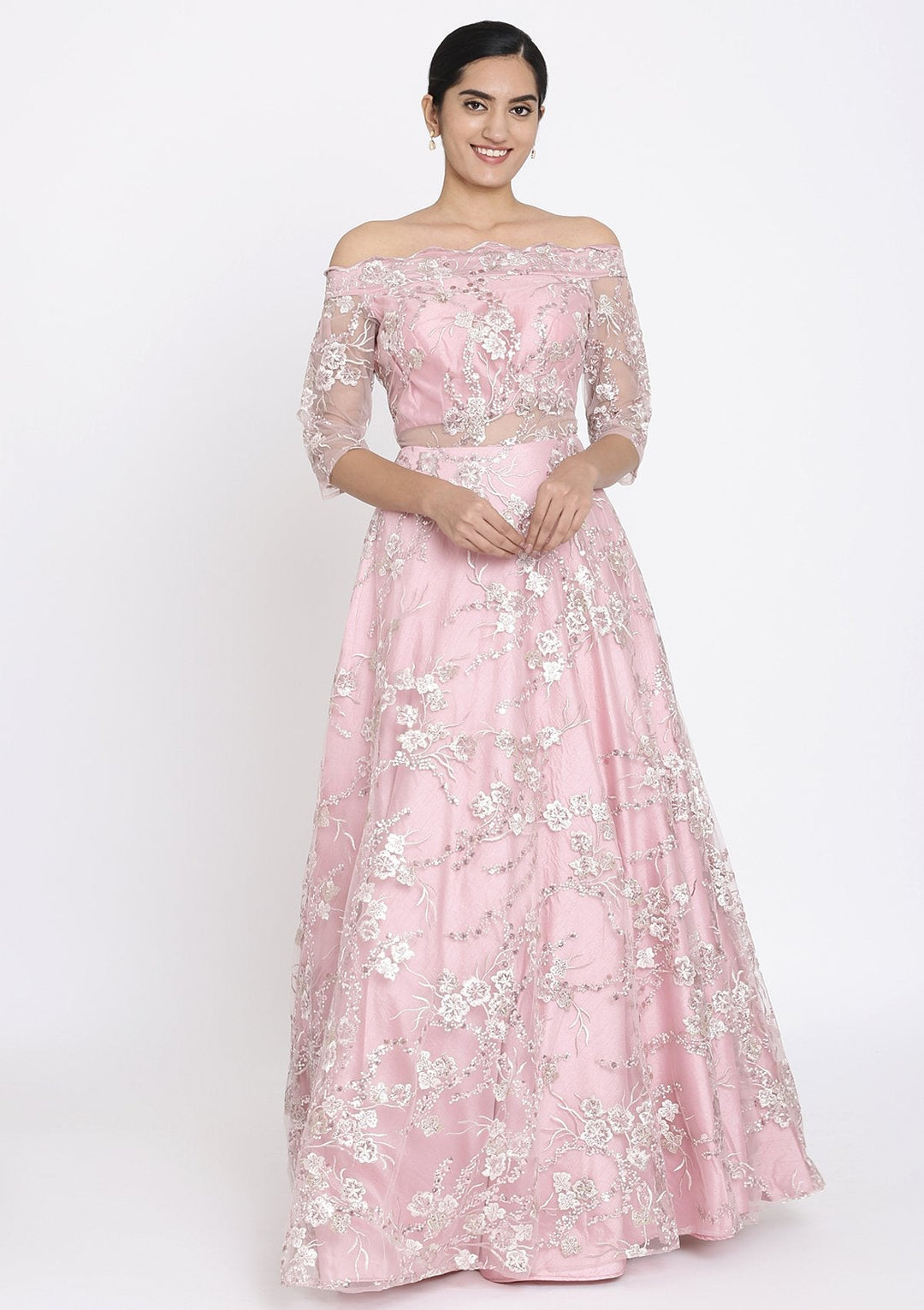 Pink Sequins Net Designer Gown - koskii
