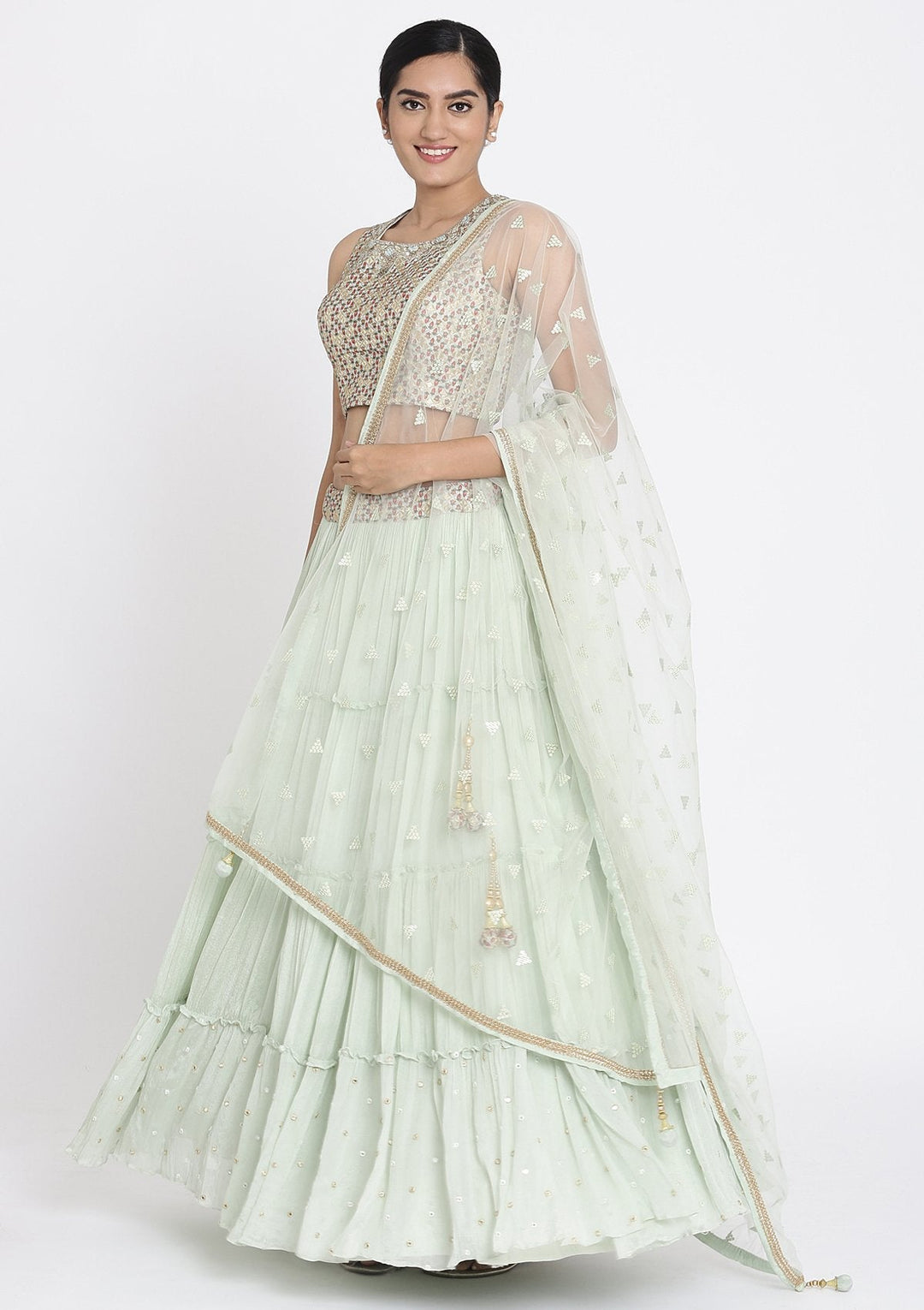 Pista Green Zariwork Art Silk Designer Lehenga - koskii
